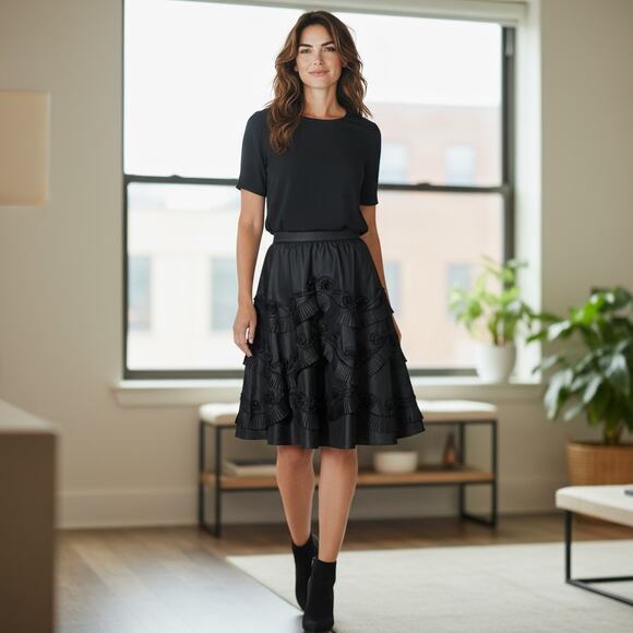 VTG Rickie Freeman Teri Jon Skirt Womens Black Silk Taffeta Rose Ruffle A Line 6 - Picture 1 of 6